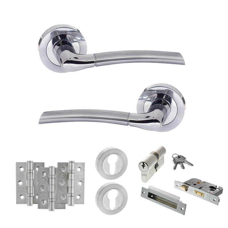 STATUS Indiana Door Handle Pack (Euro Lock Set - 3" CE Sashlock, 3" Fire Rated Hinges x3) - Satin Chrome/Polished Chrome - ADPS33RSCPC21 - Choice Handles