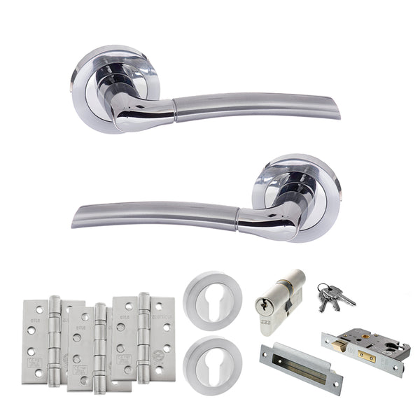 STATUS Indiana Door Handle Pack (Euro Lock Set - 2.5" CE Sashlock, 4" Fire Rated Hinges x3) - Satin Chrome/Polished Chrome - ADPS33RSCPC22