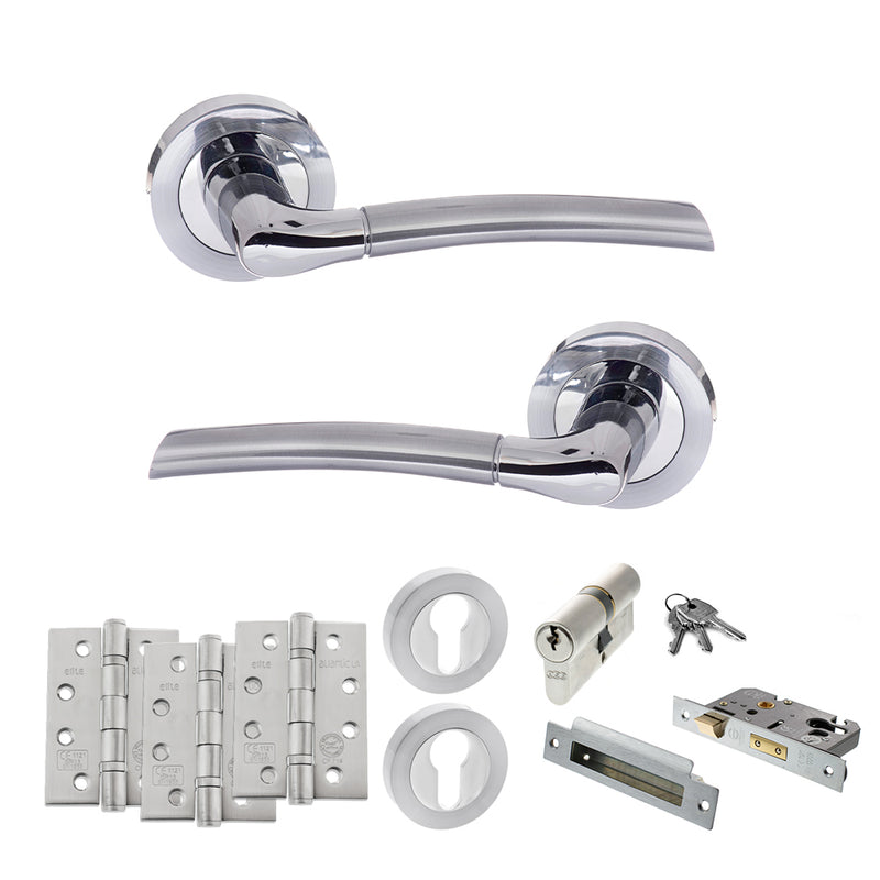 STATUS Indiana Door Handle Pack (Euro Lock Set - 2.5" CE Sashlock, 4" Fire Rated Hinges x3) - Satin Chrome/Polished Chrome - ADPS33RSCPC22