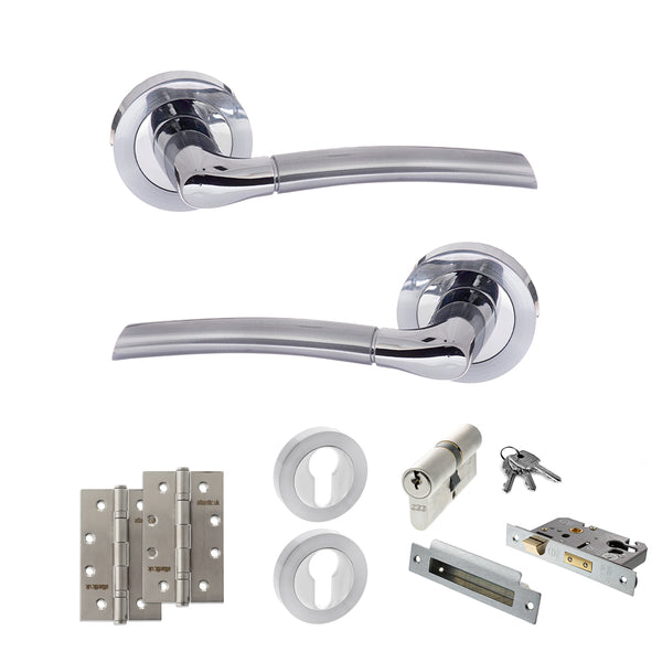 STATUS Indiana Door Handle Pack (Euro Lock Set - 2.5" CE Sashlock, 4" Slim Knuckle Hinges x2) - Satin Chrome/Polished Chrome - ADPS33RSCPC24 - Choice Handles