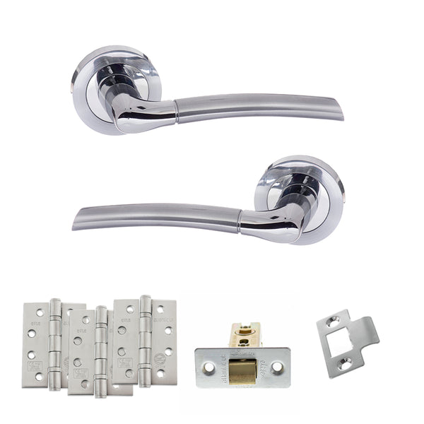 STATUS Indiana Door Handle Pack (Latch Set - 3" CE Latch, 4" Fire Rated Hinges x3) - Satin Chrome/Polished Chrome - ADPS33RSCPC4 - Choice Handles
