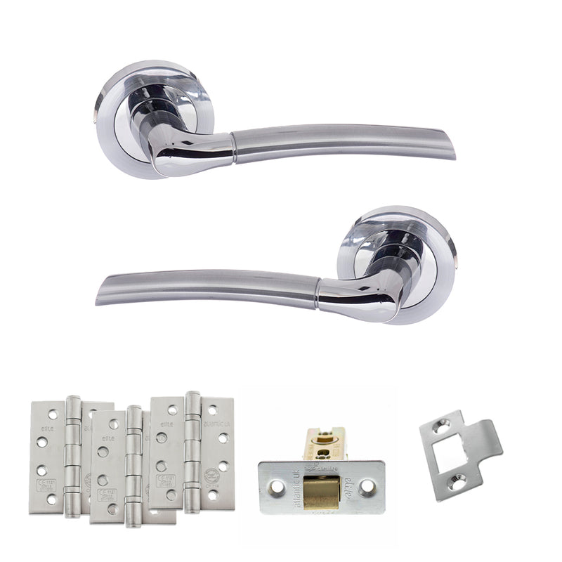 STATUS Indiana Door Handle Pack (Latch Set - 3" CE Latch, 4" Fire Rated Hinges x3) - Satin Chrome/Polished Chrome - ADPS33RSCPC4 - Choice Handles