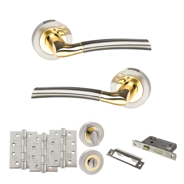 STATUS Indiana Door Handle Pack (Bathroom Set - 2.5" CE Bathroom Lock, 4" Fire Rated Hinges x3) - Satin Nickel/Polished Brass - ADPS33RSNBP10 - Choice Handles