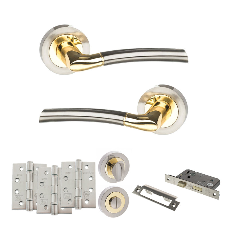 STATUS Indiana Door Handle Pack (Bathroom Set - 2.5" CE Bathroom Lock, 4" Fire Rated Hinges x3) - Satin Nickel/Polished Brass - ADPS33RSNBP10 - Choice Handles