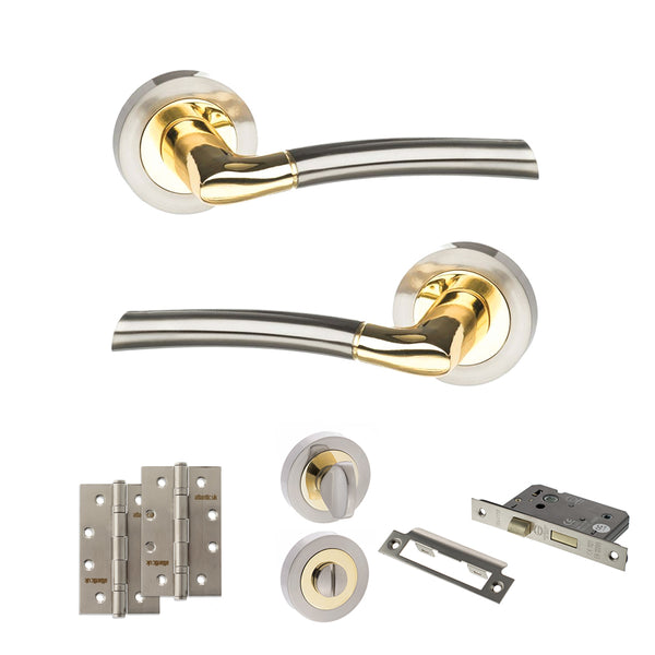 STATUS Indiana Door Handle Pack (Bathroom Set - 2.5" CE Bathroom Lock, 4" Slim Knuckle Hinges x2) - Satin Nickel/Polished Brass - ADPS33RSNBP12 - Choice Handles