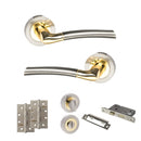 STATUS Indiana Door Handle Pack (Bathroom Set - 3" CE Bathroom Lock, 4" Slim Knuckle Hinges x2) - Satin Nickel/Polished Brass - ADPS33RSNBP13 - Choice Handles