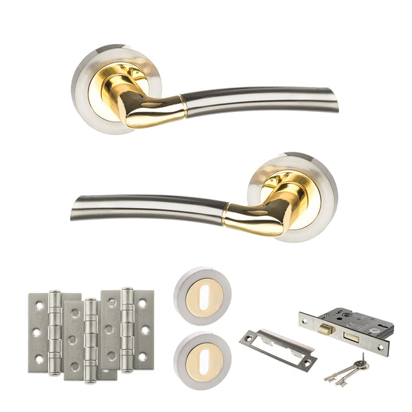 STATUS Indiana Door Handle Pack (3 Lever Lock Set - 2.5" CE Sashlock, 3" Fire Rated Hinges x3) - Satin Nickel/Polished Brass - ADPS33RSNBP14 - Choice Handles