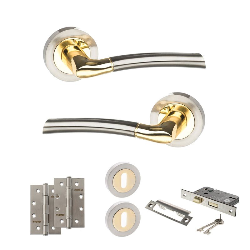 STATUS Indiana Door Handle Pack (3 Lever Lock Set - 2.5" CE Sashlock, 4" Slim Knuckle Hinges x2) - Satin Nickel/Polished Brass - ADPS33RSNBP18 - Choice Handles