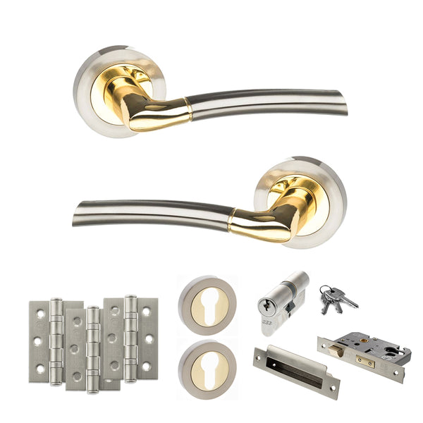STATUS Indiana Door Handle Pack (Euro Lock Set - 3" CE Sashlock, 3" Fire Rated Hinges x3) - Satin Nickel/Polished Brass - ADPS33RSNBP21 - Choice Handles