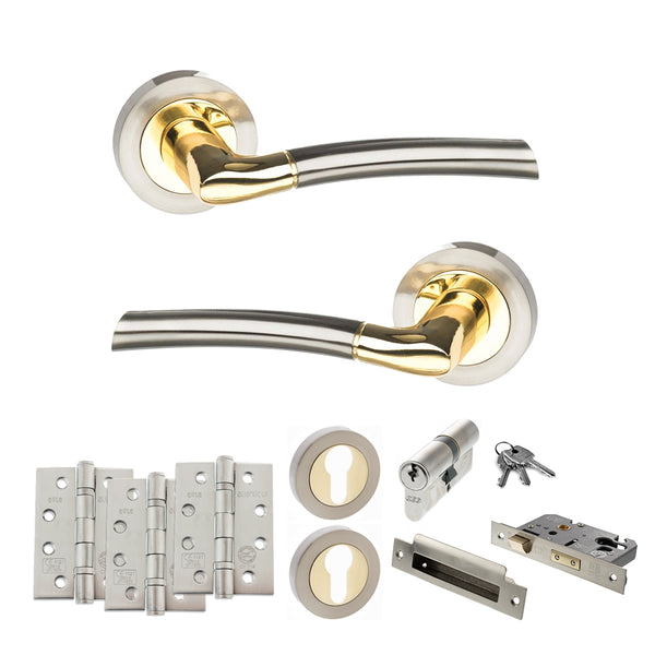 STATUS Indiana Door Handle Pack (Euro Lock Set - 3" CE Sashlock, 4" Fire Rated Hinges x3) - Satin Nickel/Polished Brass - ADPS33RSNBP23 - Choice Handles