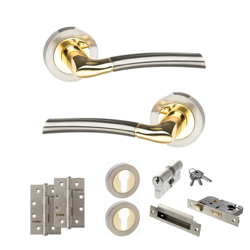 STATUS Indiana Door Handle Pack (Euro Lock Set - 3" CE Sashlock, 4" Slim Knuckle Hinges x2) - Satin Nickel/Polished Brass - ADPS33RSNBP25 - Choice Handles