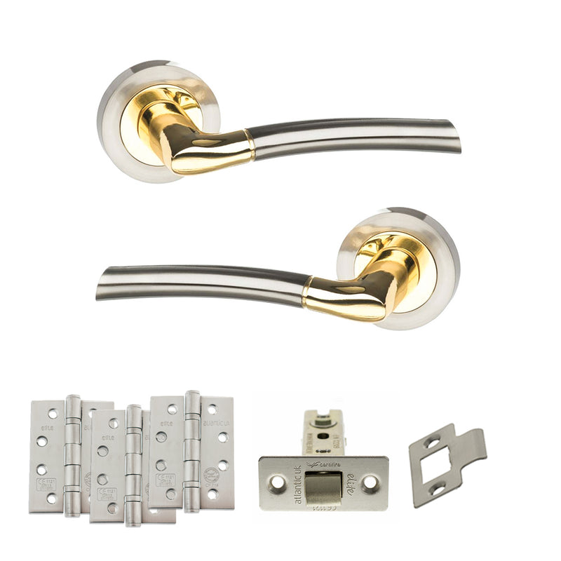 STATUS Indiana Door Handle Pack (Latch Set - 3" CE Latch, 4" Fire Rated Hinges x3) - Satin Nickel/Polished Brass - ADPS33RSNBP4 - Choice Handles
