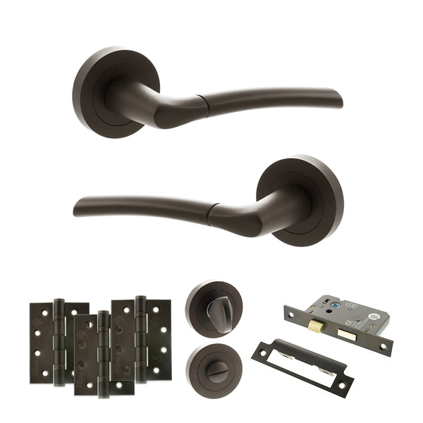 STATUS Indiana Door Handle Pack (Bathroom Set - 2.5" CE Bathroom Lock, 4" Fire Rated Hinges x3) - Urban Dark Bronze - ADPS33RUDB10 - Choice Handles