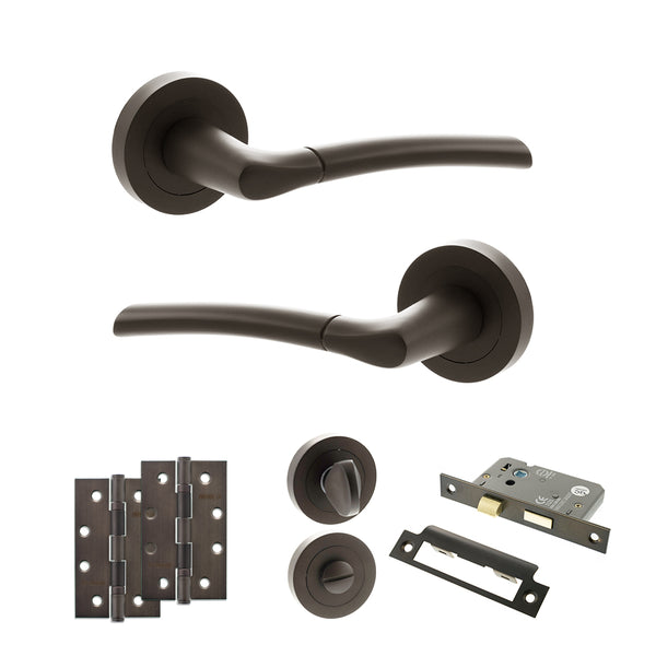 STATUS Indiana Door Handle Pack (Bathroom Set - 2.5" CE Bathroom Lock, 4" Slim Knuckle Hinges x2) - Urban Dark Bronze - ADPS33RUDB12 - Choice Handles