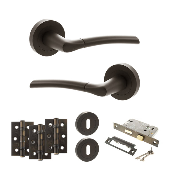 STATUS Indiana Door Handle Pack (3 Lever Lock Set - 2.5" CE Sashlock, 3" Fire Rated Hinges x3) - Urban Dark Bronze - ADPS33RUDB14 - Choice Handles