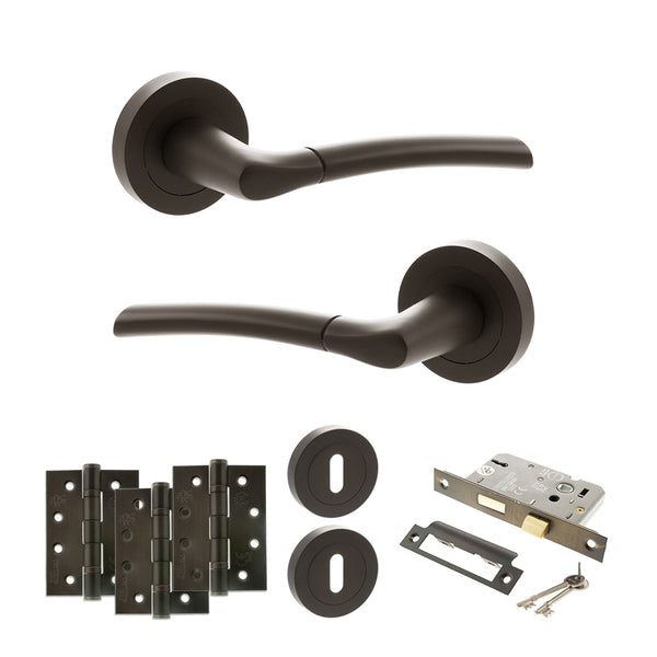 STATUS Indiana Door Handle Pack (3 Lever Lock Set - 3" CE Sashlock, 4" Fire Rated Hinges x3) - Urban Dark Bronze - ADPS33RUDB17 - Choice Handles