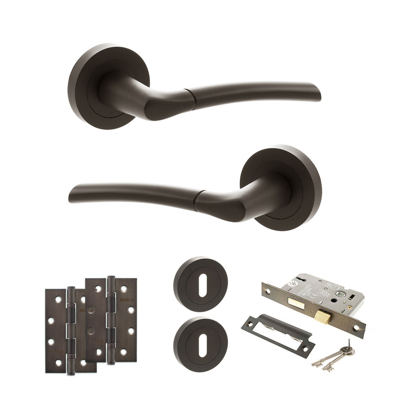 STATUS Indiana Door Handle Pack (3 Lever Lock Set - 2.5" CE Sashlock, 4" Slim Knuckle Hinges x2) - Urban Dark Bronze - ADPS33RUDB18 - Choice Handles