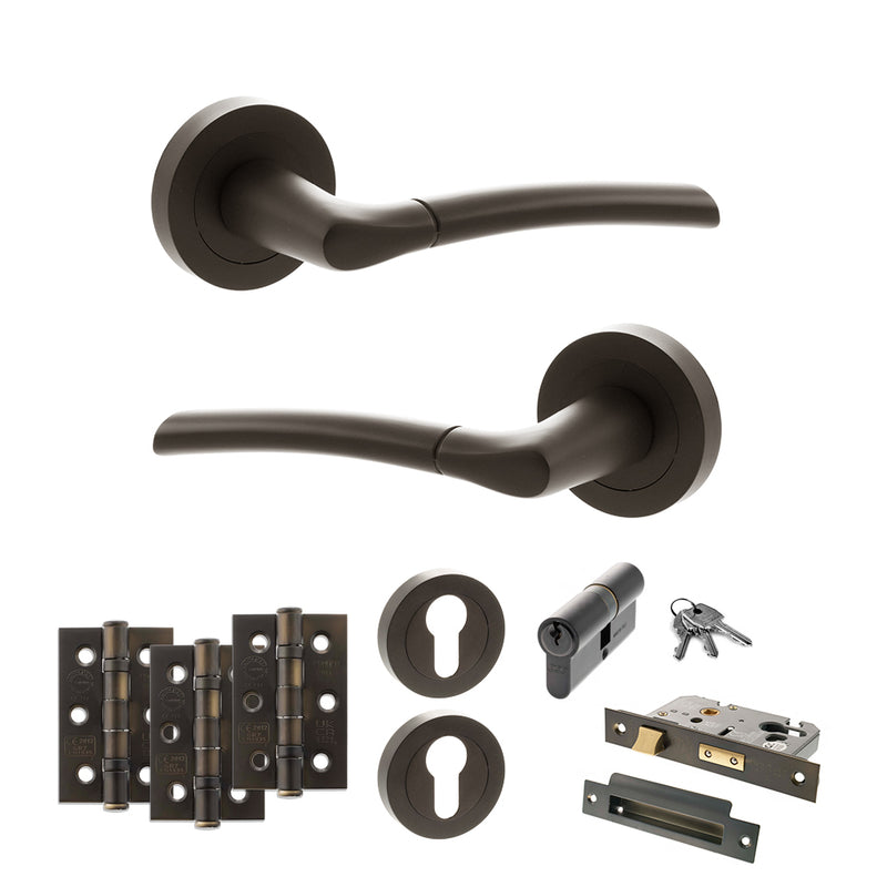 STATUS Indiana Door Handle Pack (Euro Lock Set - 2.5" CE Sashlock, 3" Fire Rated Hinges x3) - Urban Dark Bronze - ADPS33RUDB20 - Choice Handles