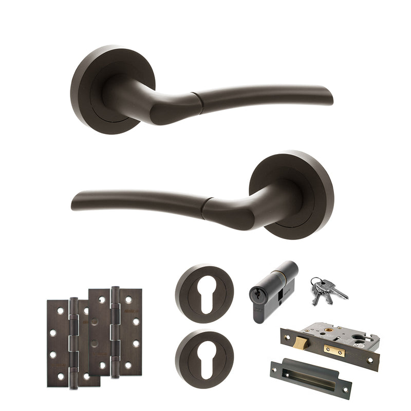 STATUS Indiana Door Handle Pack (Euro Lock Set - 2.5" CE Sashlock, 4" Slim Knuckle Hinges x2) - Urban Dark Bronze - ADPS33RUDB24 - Choice Handles