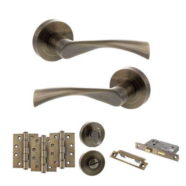 STATUS Colorado Door Handle Pack (Bathroom Set - 2.5" CE Bathroom Lock, 4" Fire Rated Hinges x3) - Antique Brass - ADPS34RAB10 - Choice Handles