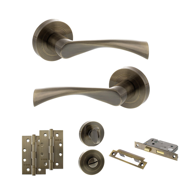 STATUS Colorado Door Handle Pack (Bathroom Set - 2.5" CE Bathroom Lock, 4" Slim Knuckle Hinges x2) - Antique Brass - ADPS34RAB12 - Choice Handles