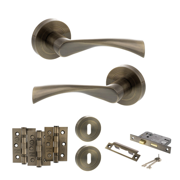 STATUS Colorado Door Handle Pack (3 Lever Lock Set - 2.5" CE Sashlock, 3" Fire Rated Hinges x3) - Antique Brass - ADPS34RAB14 - Choice Handles