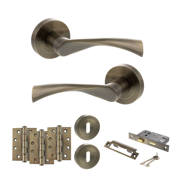 STATUS Colorado Door Handle Pack (3 Lever Lock Set - 3" CE Sashlock, 4" Fire Rated Hinges x3) - Antique Brass - ADPS34RAB17 - Choice Handles