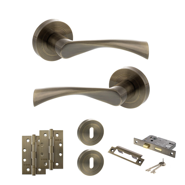 STATUS Colorado Door Handle Pack (3 Lever Lock Set - 3" CE Sashlock, 4" Slim Knuckle Hinges x2) - Antique Brass - ADPS34RAB19 - Choice Handles