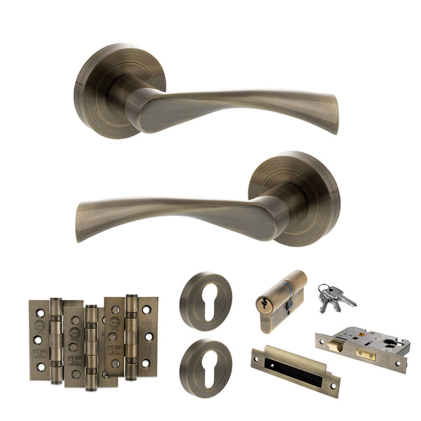 STATUS Colorado Door Handle Pack (Euro Lock Set - 2.5" CE Sashlock, 3" Fire Rated Hinges x3) - Antique Brass - ADPS34RAB20 - Choice Handles