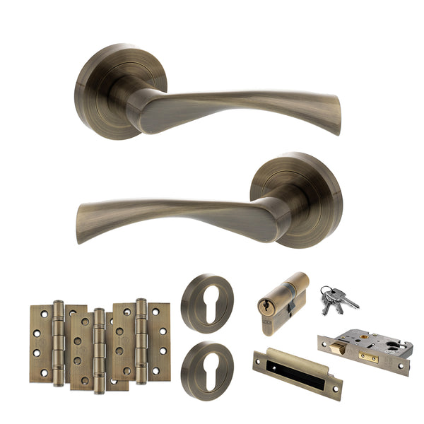 STATUS Colorado Door Handle Pack (Euro Lock Set - 3" CE Sashlock, 4" Fire Rated Hinges x3) - Antique Brass - ADPS34RAB23 - Choice Handles