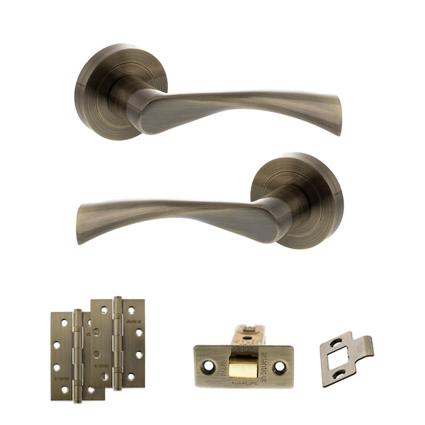 STATUS Colorado Door Handle Pack (Latch Set - 2.5" CE Latch, 4" Slim Knuckle Hinges x2) - Antique Brass - ADPS34RAB5 - Choice Handles