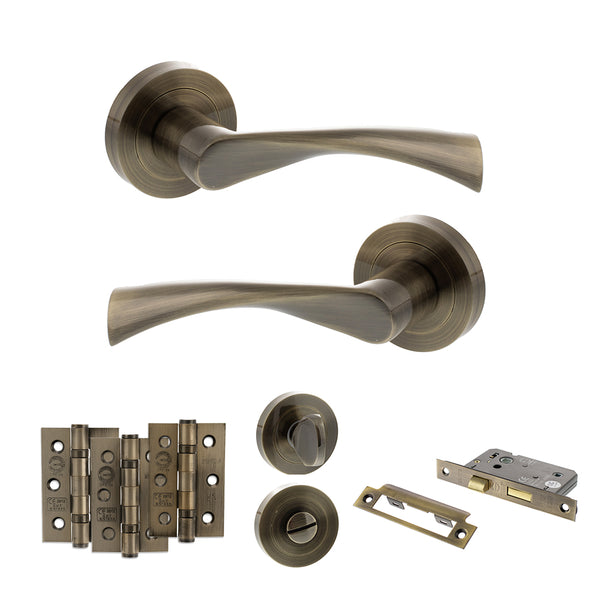 STATUS Colorado Door Handle Pack (Bathroom Set - 2.5" CE Bathroom Lock, 3" Fire Rated Hinges x3) - Antique Brass - ADPS34RAB8 - Choice Handles