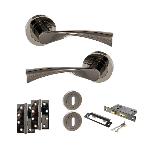STATUS Colorado Door Handle Pack (3 Lever Lock Set - 2.5" CE Sashlock, 4" Slim Knuckle Hinges x2) - Black Nickel - ADPS34RBN18 - Choice Handles