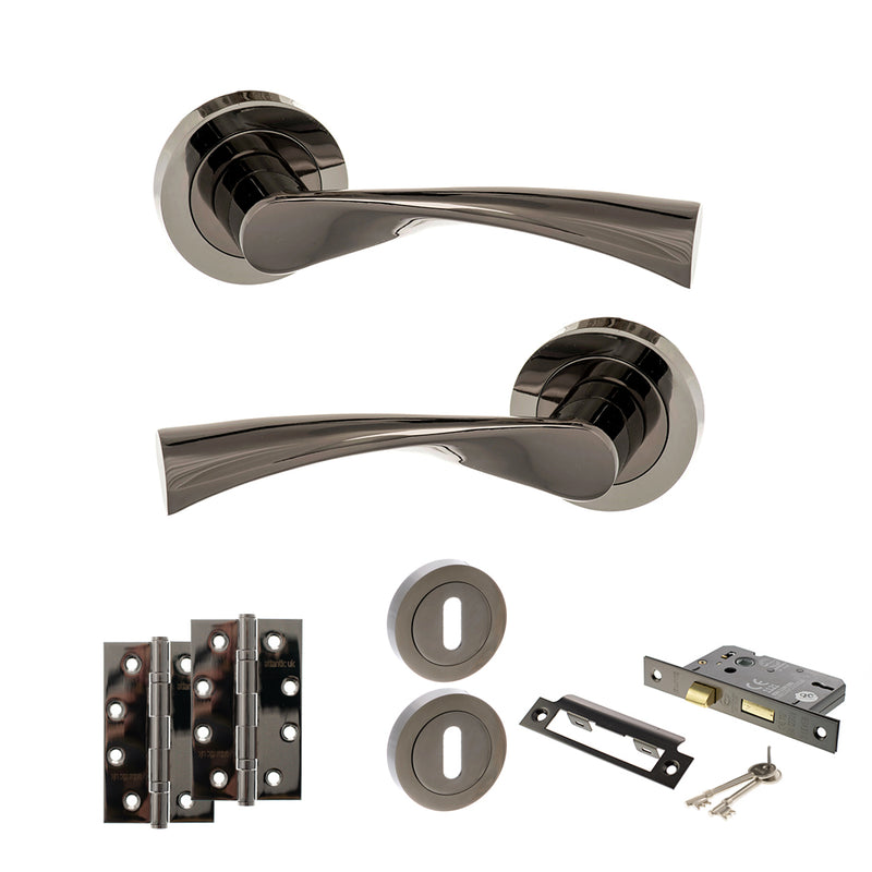 STATUS Colorado Door Handle Pack (3 Lever Lock Set - 2.5" CE Sashlock, 4" Slim Knuckle Hinges x2) - Black Nickel - ADPS34RBN18 - Choice Handles