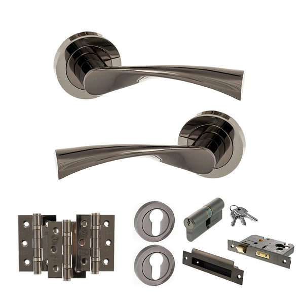 STATUS Colorado Door Handle Pack (Euro Lock Set - 2.5" CE Sashlock, 3" Fire Rated Hinges x3) - Black Nickel - ADPS34RBN20 - Choice Handles