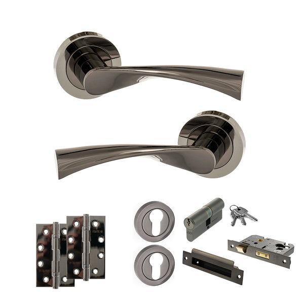 STATUS Colorado Door Handle Pack (Euro Lock Set - 2.5" CE Sashlock, 4" Slim Knuckle Hinges x2) - Black Nickel - ADPS34RBN24 - Choice Handles