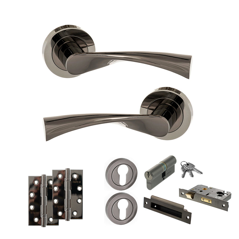 STATUS Colorado Door Handle Pack (Euro Lock Set - 3" CE Sashlock, 4" Slim Knuckle Hinges x2) - Black Nickel - ADPS34RBN25 - Choice Handles
