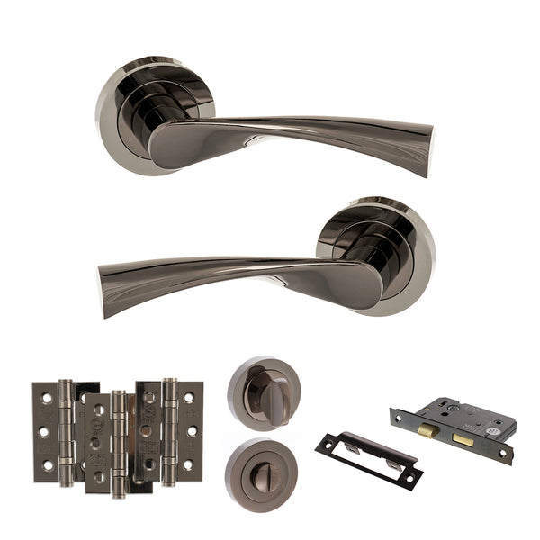 STATUS Colorado Door Handle Pack (Bathroom Set - 2.5" CE Bathroom Lock, 3" Fire Rated Hinges x3) - Black Nickel - ADPS34RBN8 - Choice Handles