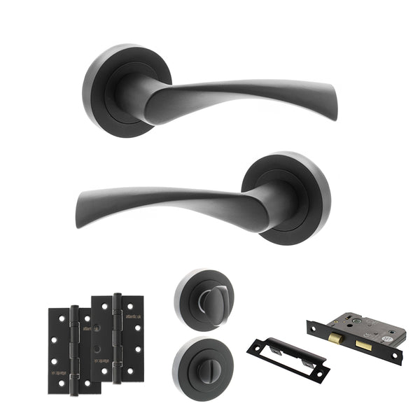 STATUS Colorado Door Handle Pack (Bathroom Set - 2.5" CE Bathroom Lock, 4" Slim Knuckle Hinges x2) - Matt Black - ADPS34RMB12 - Choice Handles