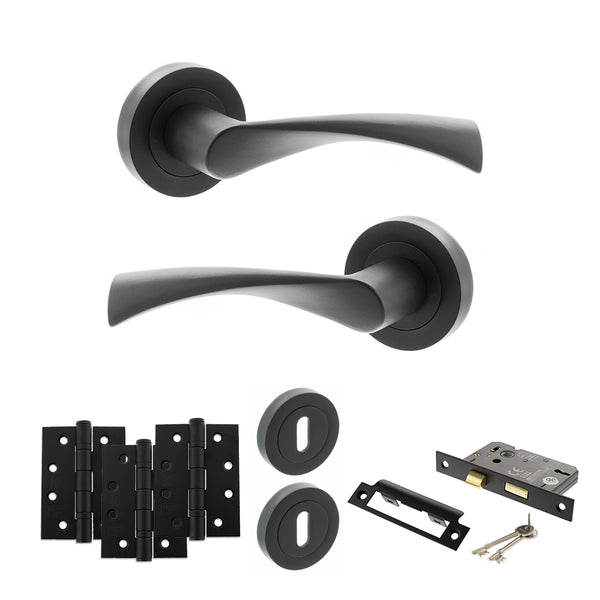 STATUS Colorado Door Handle Pack (3 Lever Lock Set - 2.5" CE Sashlock, 4" Fire Rated Hinges x3) - Matt Black - ADPS34RMB16 - Choice Handles