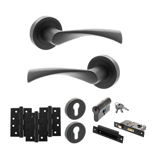 STATUS Colorado Door Handle Pack (Euro Lock Set - 2.5" CE Sashlock, 4" Fire Rated Hinges x3) - Matt Black - ADPS34RMB22 - Choice Handles