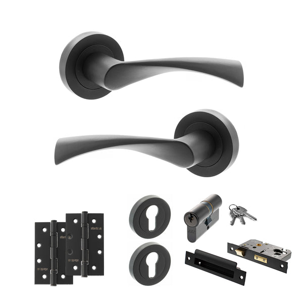 STATUS Colorado Door Handle Pack (Euro Lock Set - 3" CE Sashlock, 4" Slim Knuckle Hinges x2) - Matt Black - ADPS34RMB25 - Choice Handles