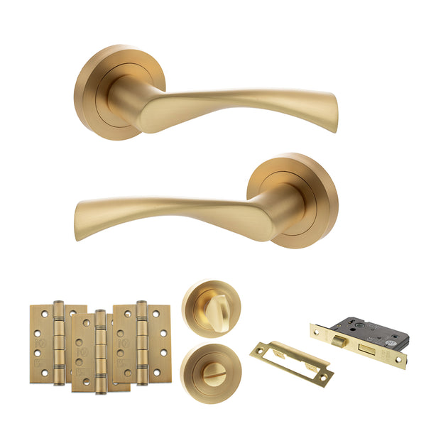 STATUS Colorado Door Handle Pack (Bathroom Set - 2.5" CE Bathroom Lock, 4" Fire Rated Hinges x3) - Satin Brass - ADPS34RSB10 - Choice Handles