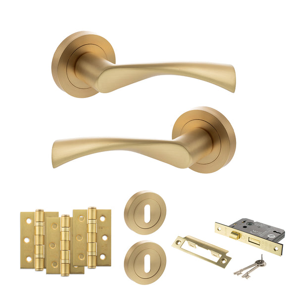 STATUS Colorado Door Handle Pack (3 Lever Lock Set - 2.5" CE Sashlock, 3" Fire Rated Hinges x3) - Satin Brass - ADPS34RSB14 - Choice Handles