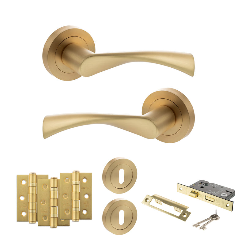 STATUS Colorado Door Handle Pack (3 Lever Lock Set - 2.5" CE Sashlock, 3" Fire Rated Hinges x3) - Satin Brass - ADPS34RSB14 - Choice Handles