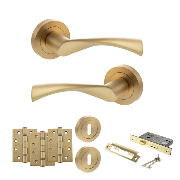 STATUS Colorado Door Handle Pack (3 Lever Lock Set - 2.5" CE Sashlock, 4" Fire Rated Hinges x3) - Satin Brass - ADPS34RSB16 - Choice Handles