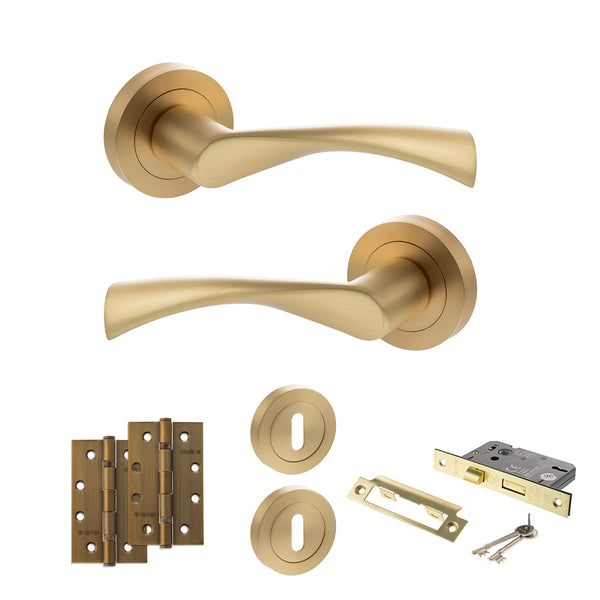 STATUS Colorado Door Handle Pack (3 Lever Lock Set - 2.5" CE Sashlock, 4" Slim Knuckle Hinges x2) - Satin Brass - ADPS34RSB18 - Choice Handles