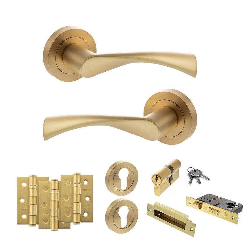 STATUS Colorado Door Handle Pack (Euro Lock Set - 3" CE Sashlock, 3" Fire Rated Hinges x3) - Satin Brass - ADPS34RSB21 - Choice Handles
