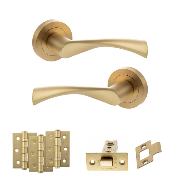 STATUS Colorado Door Handle Pack (Latch Set - 3" CE Latch, 3" Fire Rated Hinges x3) - Satin Brass - ADPS34RSB2