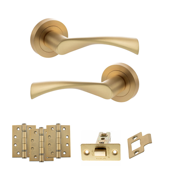 STATUS Colorado Door Handle Pack (Latch Set - 2.5" CE Latch, 4" Fire Rated Hinges x3) - Satin Brass - ADPS34RSB3 - Choice Handles
